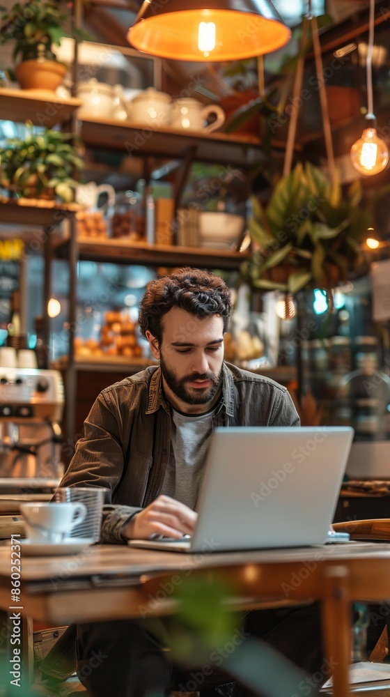 Black Friday banner in a laptop computer while man shopping online in coffee shop. Black Friday banner in a laptop computer while man shopping online in coffee shop.
