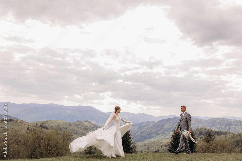 Obraz premium A bride and groom are walking on a mountain top, with the bride wearing a white dress. The sky is cloudy, and the mountains in the background create a serene and romantic atmosphere