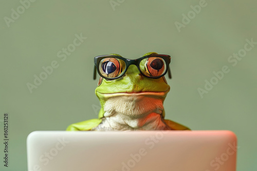 A frog sitting in front of a laptop, donning glasses, with a plain light green background. The frog's attentive and curious demeanor adds a whimsical and amusing element, making the scene both fun and