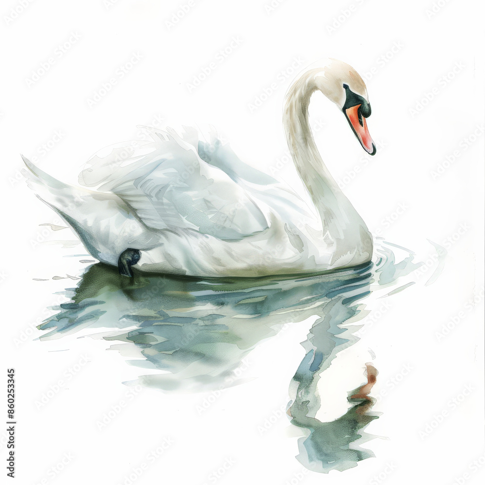 Fototapeta premium A gentle swan gliding on water, rendered in soft watercolor shades, beautifully isolated on a pristine white background