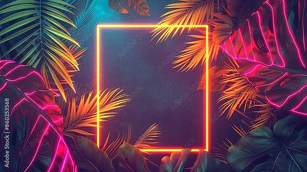 tropical palm leaves in green, yellow, and orange, framing a glowing diamond tropical palm leaves in green, yellow, and orange, framing a glowing diamond