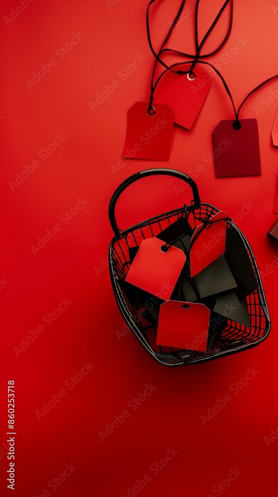 Black Friday sale concept. Empty shopping basket with sales tags on red background. Flat lay, top view Black Friday sale concept. Empty shopping basket with sales tags on red background. Flat lay, top view