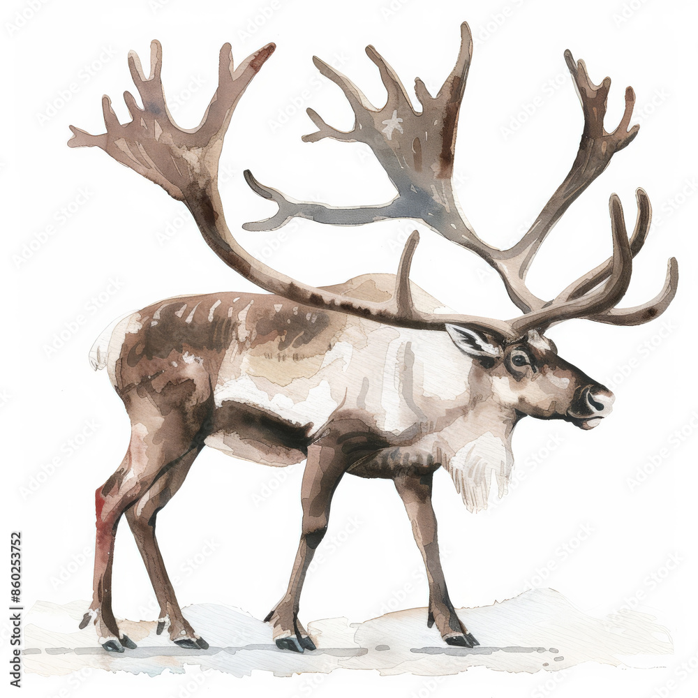 A majestic caribou with large antlers, rendered in rich watercolor tones, beautifully isolated on a pristine white background A majestic caribou with large antlers, rendered in rich watercolor tones, beautifully isolated on a pristine white background