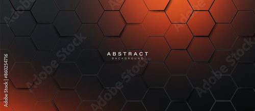 Abstract black and orange hexagon geometric pattern background. Futuristic digital high-technology banner. Vector illustration