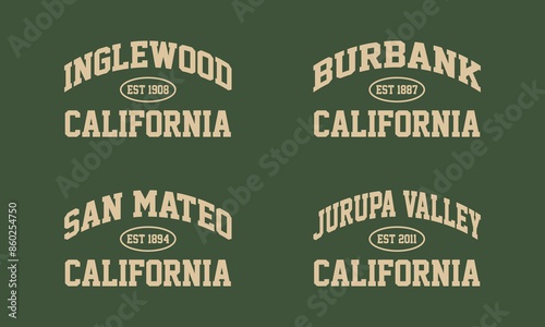 Set t-shirt stamp graphic, California travel wear typography city emblem. Inglewood, Burbank, San Mateo, Jurupa Valley vintage tee print, sport apparel design shirt graphic print