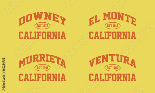 Set t-shirt stamp graphic, California travel wear typography city emblem. Downey, El Monte, Murrieta, Ventura vintage tee print, sport apparel design shirt graphic print