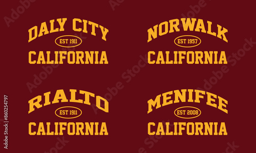 Set t-shirt stamp graphic, California travel wear typography city emblem. Daily City, Norwalk, Rialto, Menifee vintage tee print, sport apparel design shirt graphic print photo