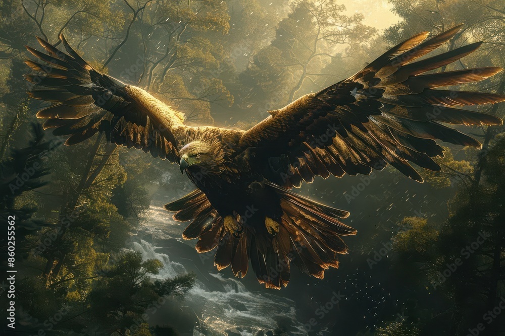 Obraz premium A majestic eagle soaring over a dense forest