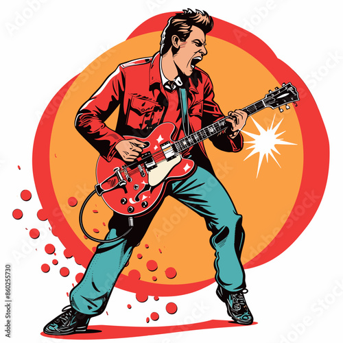 A man in a red jacket is playing a guitar. The image has a retro vibe and the man's expression suggests he is passionate about his music in retro comic style.