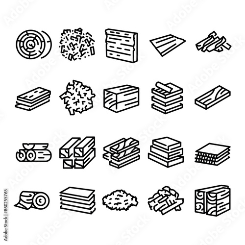 Wooden production line black icons set.Signs for web page, mobile app, button, logo.