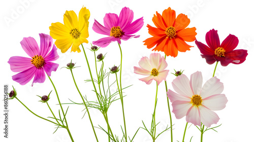 Cosmos are annual flowers with colorful daisylike flowers symbolizing simplicity joy beauty order harmony and balance amidst slender stems : Generative AI