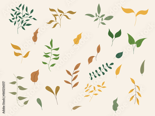Set of leaves vector. Flat nature vector. Vector arrangements for greeting cards or invitations. 