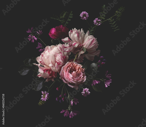 Fototapeta Naklejka Na Ścianę i Meble -  lush bouquet of flowers isolated against a dark background, floral center design element / motif made of peonies, roses and wildflowers in warm pink, cream and red colors for cards, wedding stationery