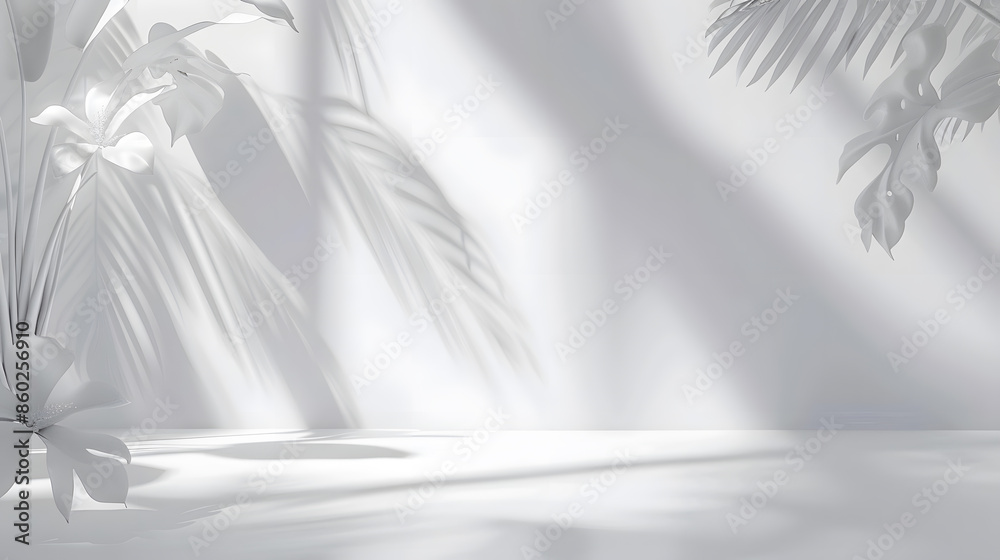 Abstract white studio background for product presentation Empty room with shadows of window and flowers and palm leaves 3d room with copy space Summer concert Blurred backdrop : Generative AI Abstract white studio background for product presentation Empty room with shadows of window and flowers and palm leaves 3d room with copy space Summer concert Blurred backdrop : Generative AI