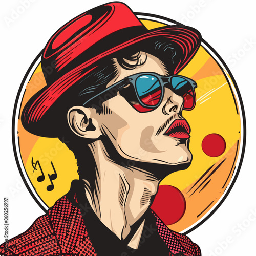 A man wearing a red hat and sunglasses is looking at the camera. The image has a retro vibe and is likely inspired by the music of the 1960s in retro comic style.