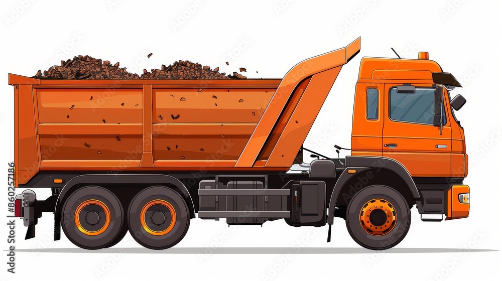Orange Dump Truck Loaded With Gravel on White Background Orange Dump Truck Loaded With Gravel on White Background