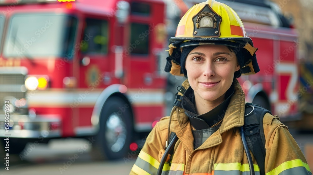 Woman Firefighter in full gear stands ready beside a red fire truck. Woman Firefighter in full gear stands ready beside a red fire truck.