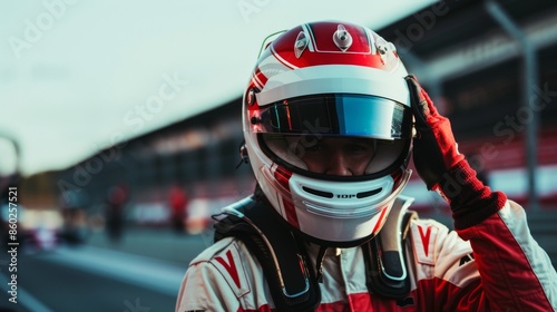 Close-up of driver focused on getting race-ready, adjusting helmet and equipment. © พงศ์พล วันดี
