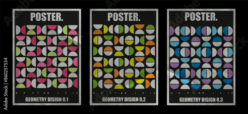 Collection of modern minimalistic, colorful, abstract posters with circles. Paper texture poster. Vector set