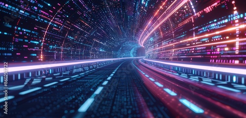 An elegant 3D rendered image of a highway road against a digital space background, featuring intricate data patterns and neon lights that create a cybernetic atmosphere.