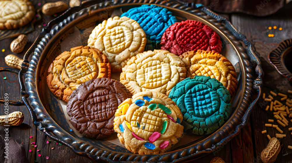 A vibrant platter of peanut butter cookies with a variety of flavors A vibrant platter of peanut butter cookies with a variety of flavors