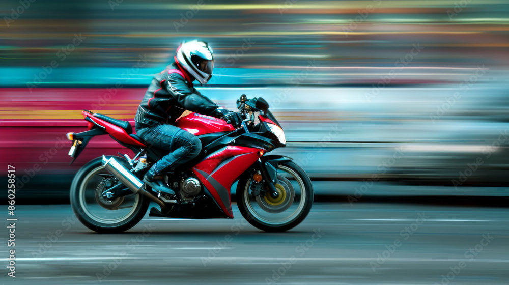 A motorcyclist riding sports motorcycle at high speed with motion blur effect A motorcyclist riding sports motorcycle at high speed with motion blur effect