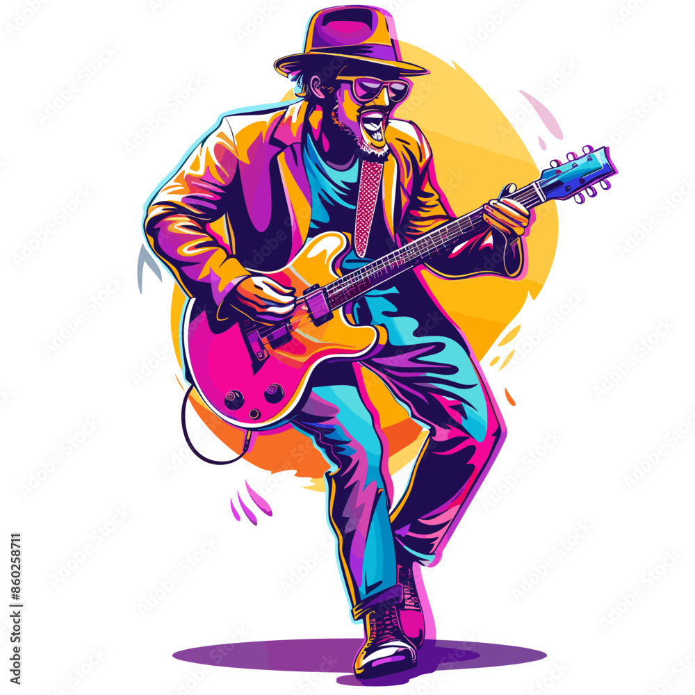 A man is playing a guitar and smiling. The image has a bright and colorful feel to it, with the man dressed in a suit and hat in retro comic style. A man is playing a guitar and smiling. The image has a bright and colorful feel to it, with the man dressed in a suit and hat in retro comic style.