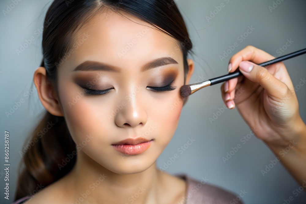 makeup artist using makeup brush for eyes and applying brown eyeshadow. make-up for young asian girl makeup artist using makeup brush for eyes and applying brown eyeshadow. make-up for young asian girl