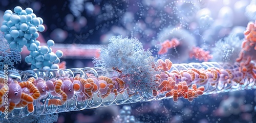 An elegant 3D rendered scene of a cell membrane, showcasing intricate designs of lipid bilayers, proteins, and carbohydrate chains in a sophisticated biological context. photo