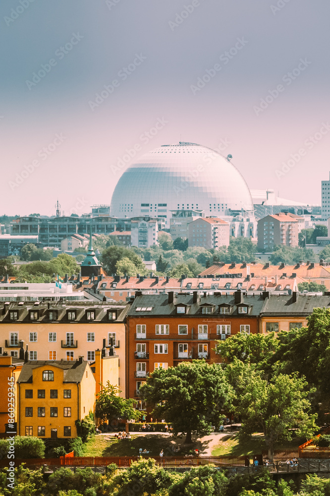 Stockholm, Sweden. Avicii Arena Ericsson Globe In Summer Skyline. It's Currently The Largest Hemispherical Building In The World, Used For Major Concerts, Sport Events