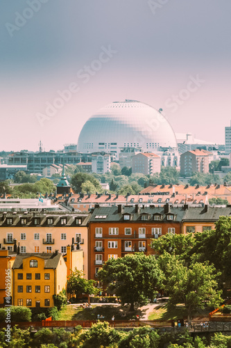 Obraz na płótnie Stockholm, Sweden. Avicii Arena Ericsson Globe In Summer Skyline. It's Currently The Largest Hemispherical Building In The World, Used For Major Concerts, Sport Events w salonie