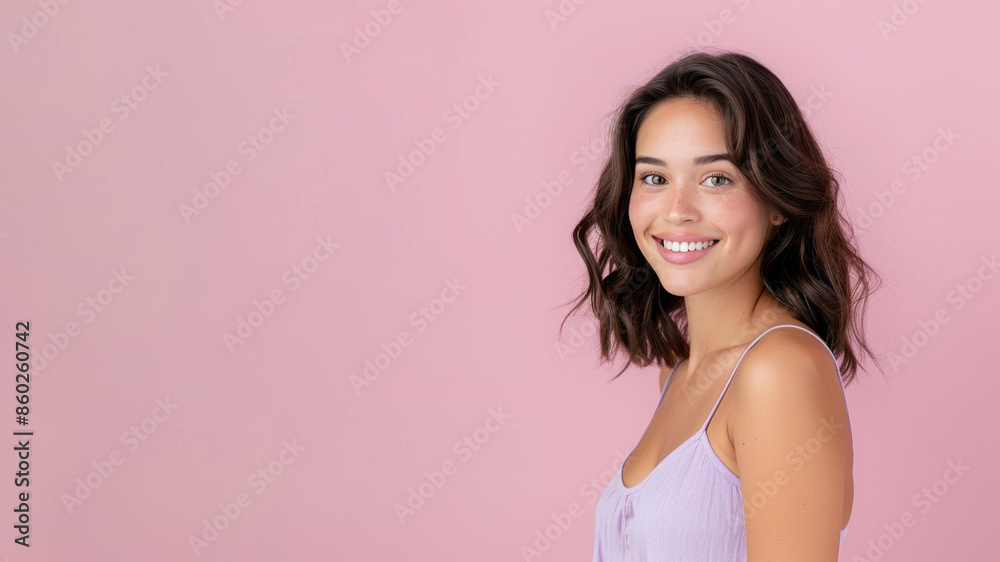 Canadian elegant woman smile in purple sundress isolated on pastel Canadian elegant woman smile in purple sundress isolated on pastel