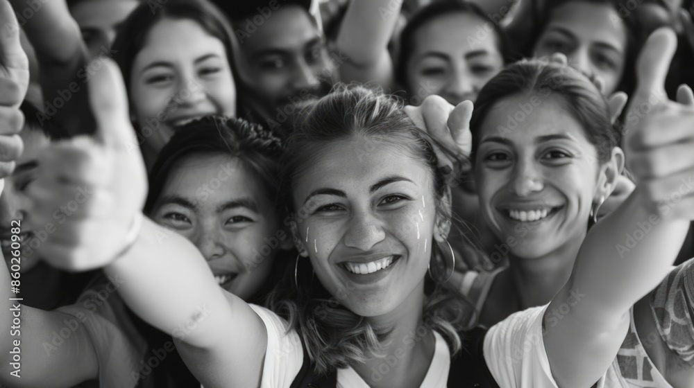 Obraz premium Group of people giving thumbs up in a classic monochrome image