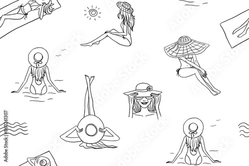 Cute seamless pattern with girls in swimsuits and a girl on the beach. Summer time theme elements.  Sand, hat, swimsuit. Travel design. Adventure. Hand drawn. Doodle style. Great for poster, banner