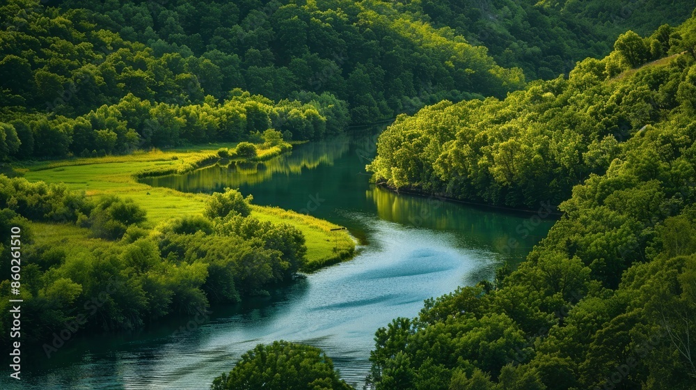 beautiful green landscape by a blue river - generative ai beautiful green landscape by a blue river - generative ai