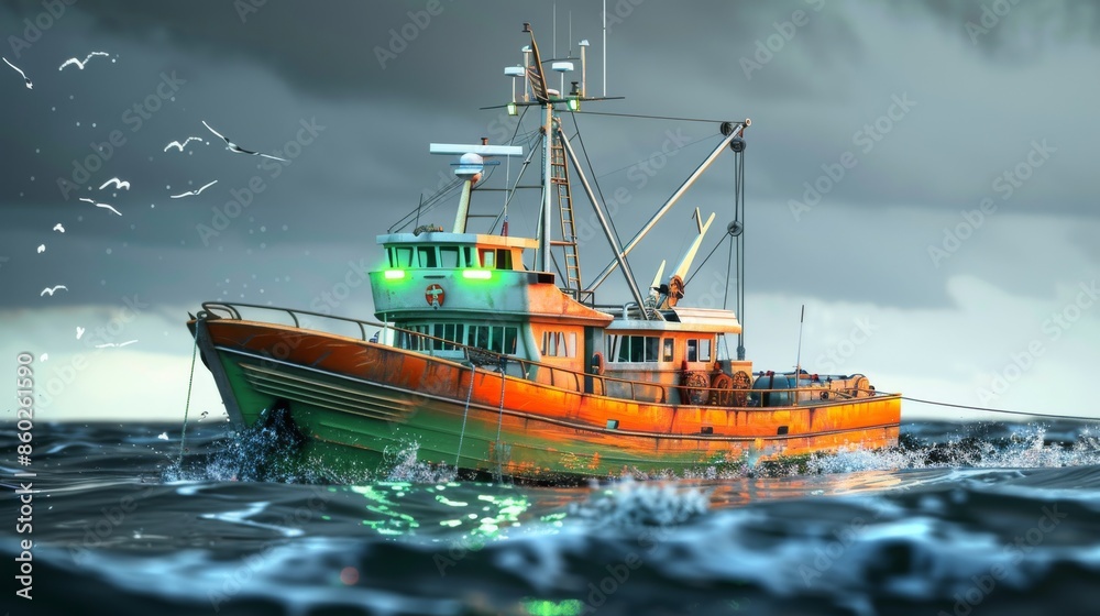 Fototapeta premium Fishing Boat Sailing Through Choppy Waters