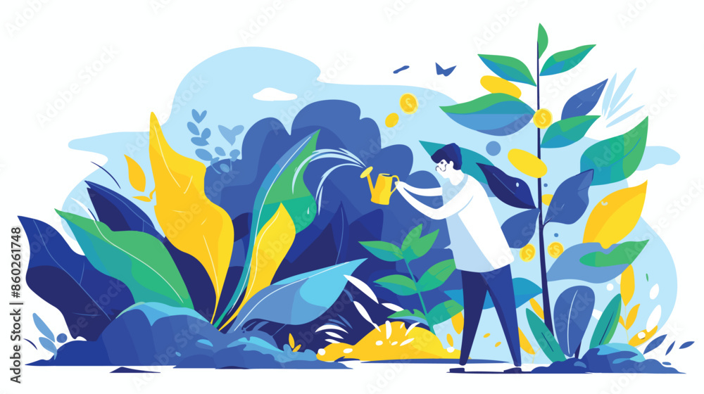 Man watering money tree. flat vector style Man watering money tree. flat vector style