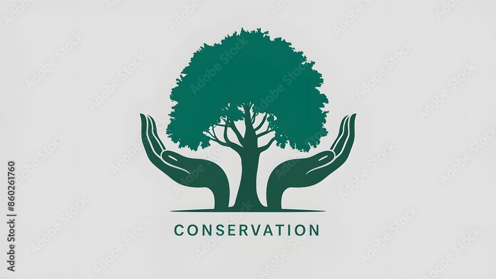 Obraz premium A green icon of a tree with hands on either side, symbolizing care or protection. Below the tree, there's a textual label that reads 'CONSERVATION'.
