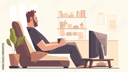 Man watching TV and drinking coffee on sofa in home 