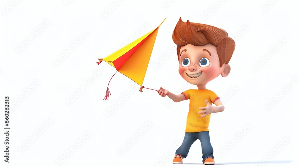 Cartoon boy with red hair is holding a yellow kite. Cartoon boy with red hair is holding a yellow kite.