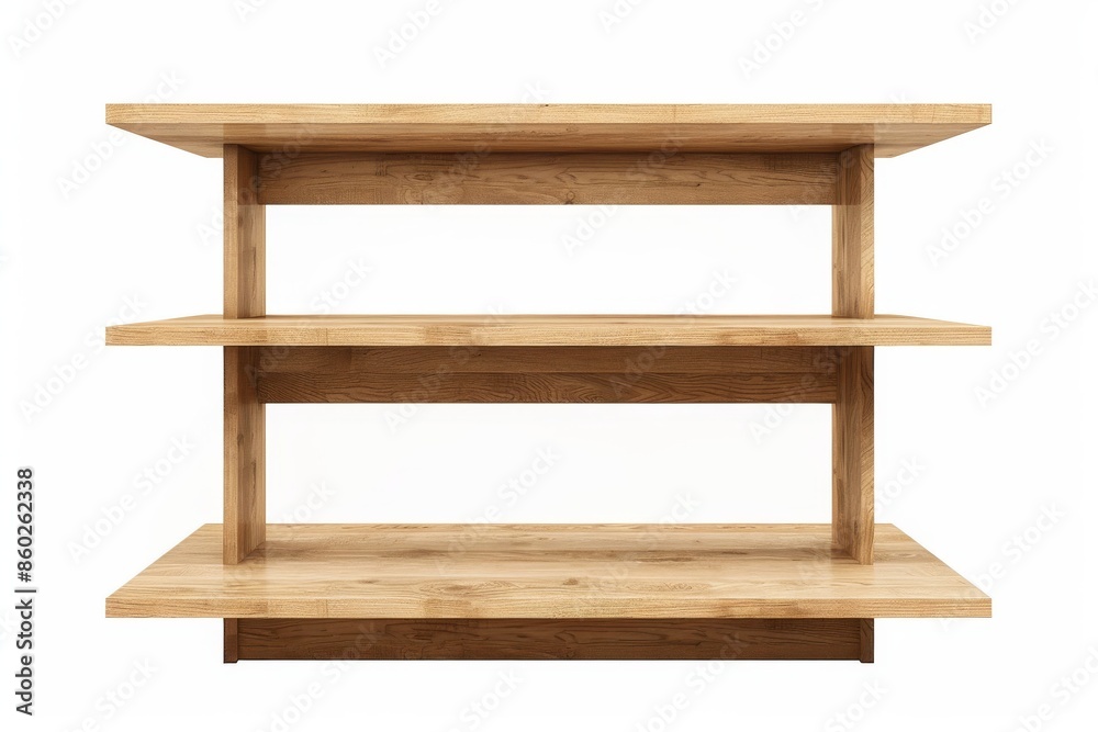 Three-Tiered Wooden Shelf Unit Isolated on White Background Three-Tiered Wooden Shelf Unit Isolated on White Background