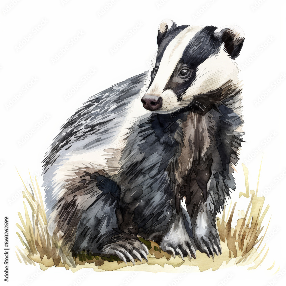 A curious badger with its distinctive stripes, illustrated in lively watercolor strokes, beautifully isolated on a pristine white background A curious badger with its distinctive stripes, illustrated in lively watercolor strokes, beautifully isolated on a pristine white background