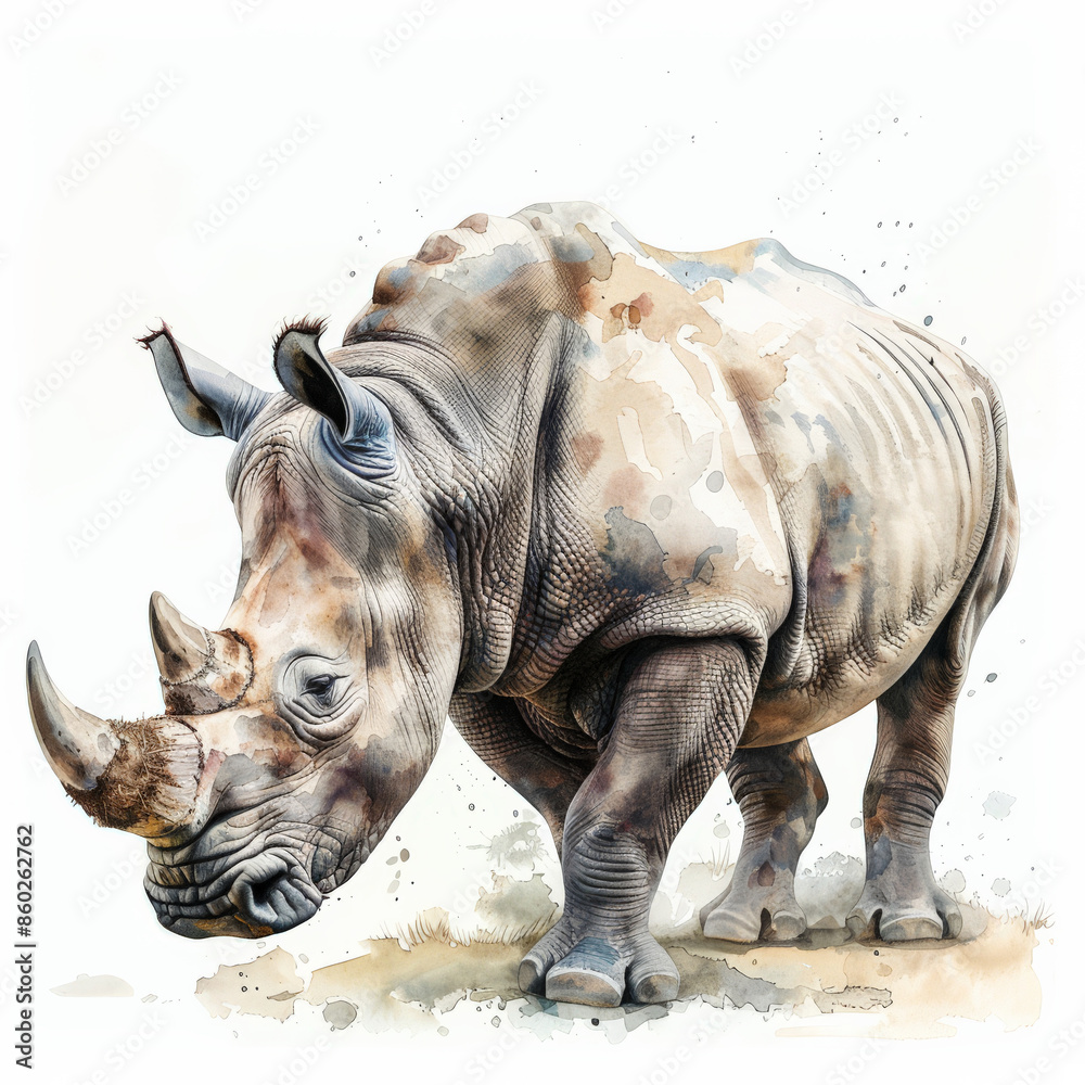 A majestic rhinoceros with its horn raised, rendered in rich watercolor tones, beautifully isolated on a pristine white background A majestic rhinoceros with its horn raised, rendered in rich watercolor tones, beautifully isolated on a pristine white background