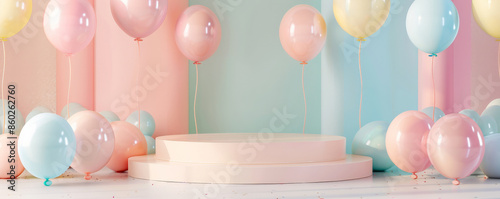 A podium highlighted by an array of balloons in pastel colors, complemented by a soft, dreamy birthday-themed background
