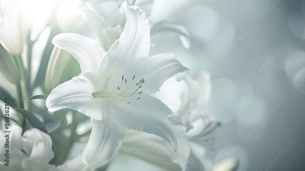White liles flowers Mourning or funeral background Floral mock up : Generative AI White liles flowers Mourning or funeral background Floral mock up : Generative AI