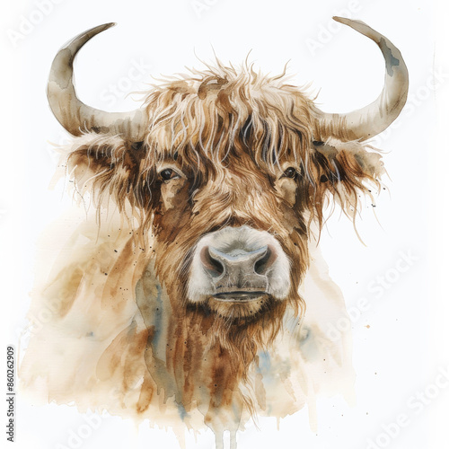 A gentle yak with shaggy fur, painted in earthy watercolor hues, beautifully isolated on a pristine white background photo