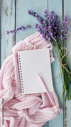 Wallpaper Mural Blank paper notepad, pencil, pastel pink color blanket, lavender flowers on rustic blue wooden background. Top view, tender minimal flat lay style composition.  Torontodigital.ca