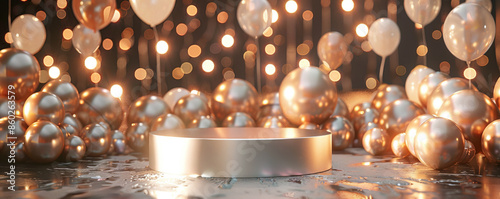A podium encircled by metallic balloons, shining brightly against a sleek, modern background with birthday accents photo