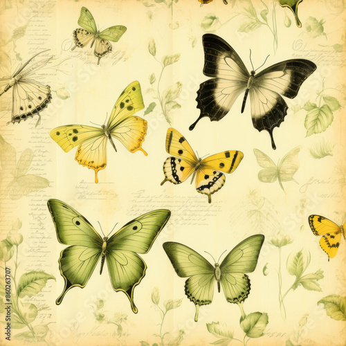 vintage floral paper with butterfly, design grunge. scrap booking backgrounds, wallpapers with butterfly.  vintage butterfly and plant frame card design with copy space. © Diana
