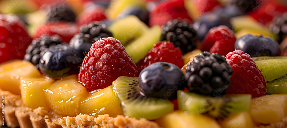 Close-up of a fast food fruit tart showcasing detailed textures of the fresh fruits and buttery crust Close-up of a fast food fruit tart showcasing detailed textures of the fresh fruits and buttery crust